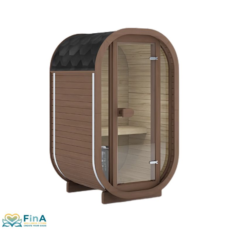 Compact Celsium Ula Micro sauna in teak - for stylish outdoor wellness moments
